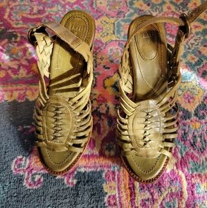 Never worn. Frye Joy Huarache Leather Olive Green Strappy Platform Heel.